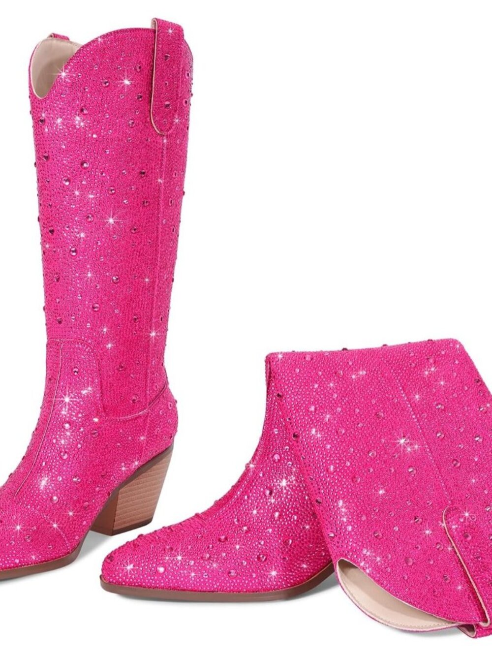 Women's Mid Calf Pink Western Rhinestone Chunky Heel Fashion Cowgirl Ankle Boot - Picture 5 of 6